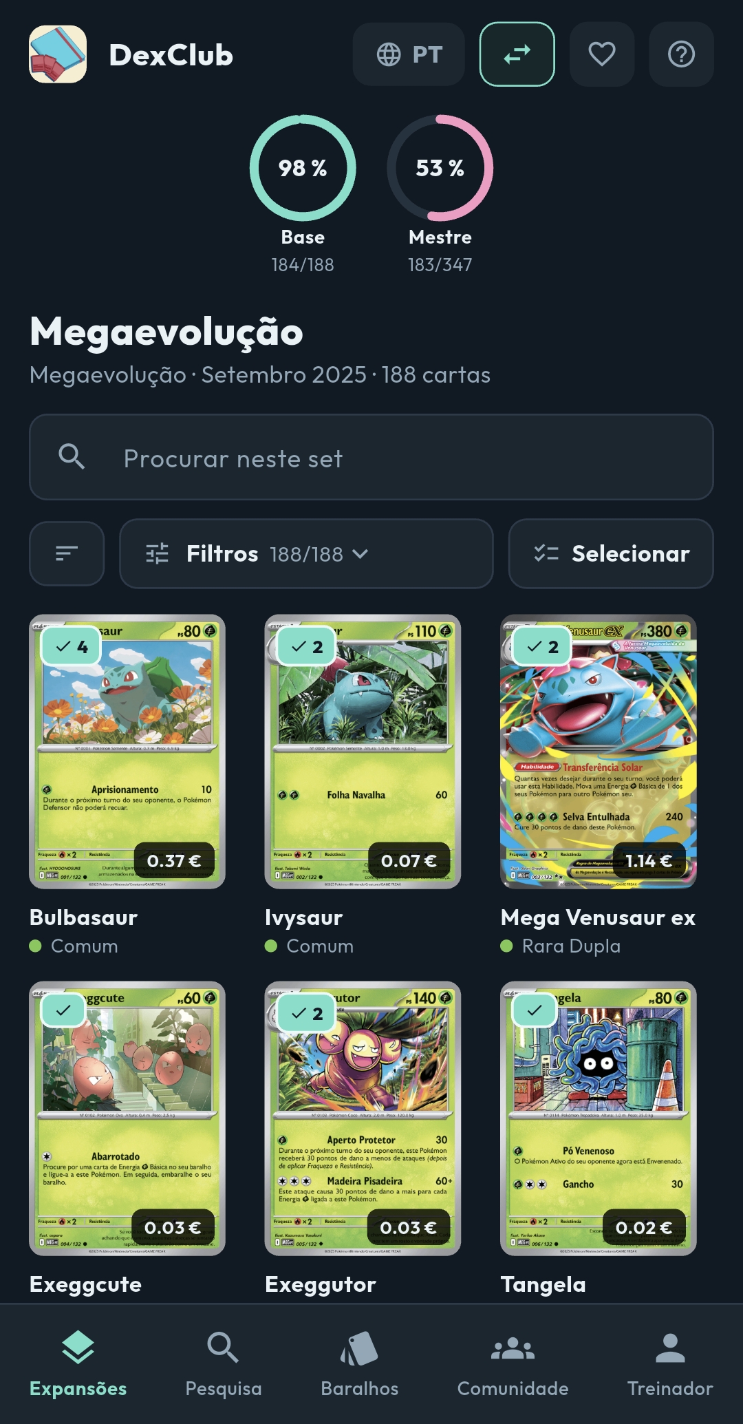 Cada set, com o teu progresso